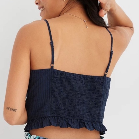 NWOT AERIE Tie-Front Woven Lace-Up Crop Top in Navy Stripe - Picture 3 of 9